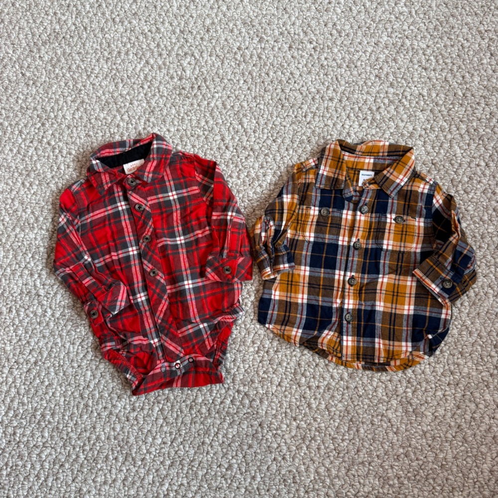 Cat & Jack Old Navy Baby Boy Plaid Shirt Bodysuit Bundle Size 0-3 Months